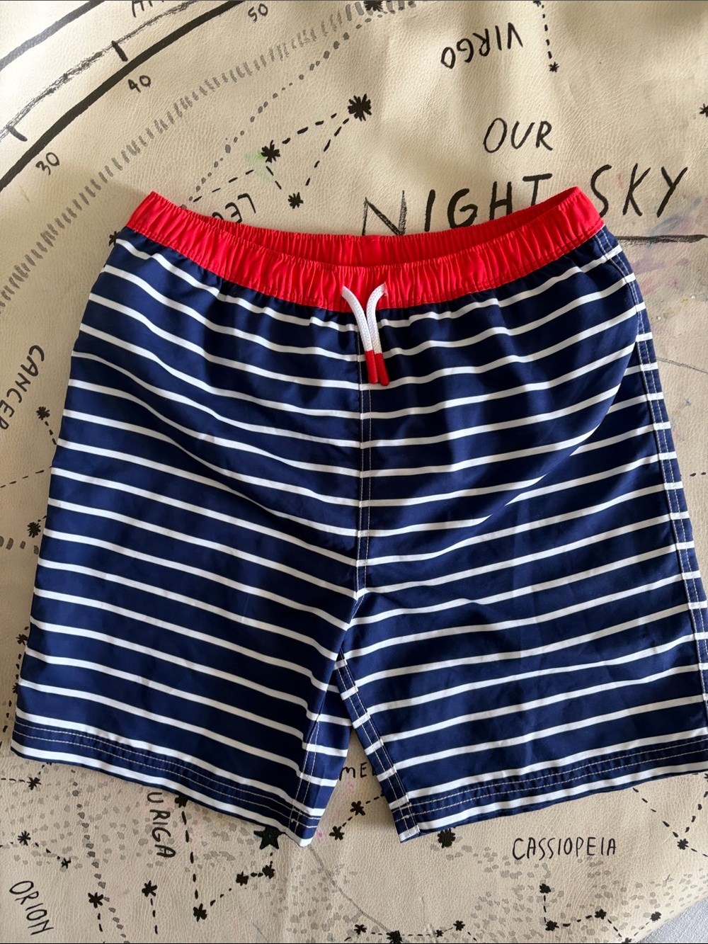 Mini Boden Navy and White Stripe Swimsuit Shorts with Red Waistband